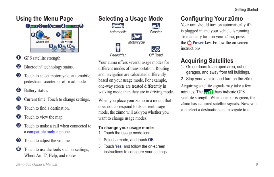 Selecting a usage mode, Configuring your zūmo, Acquiring satellites | Using the menu page | Garmin zumo 665 User Manual | Page 11 / 56