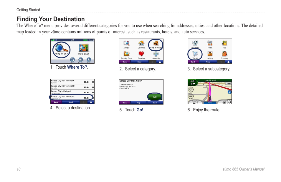 Finding your destination | Garmin zumo 665 User Manual | Page 12 / 56