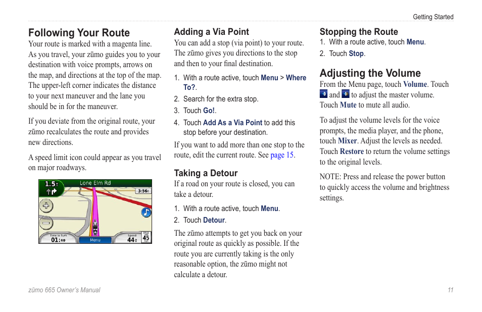 Following your route, Adjusting the volume | Garmin zumo 665 User Manual | Page 13 / 56