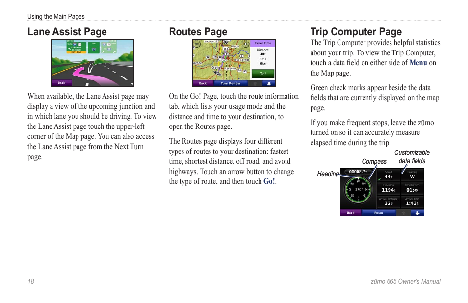 Lane assist page, Routes page, Trip computer page | Garmin zumo 665 User Manual | Page 20 / 56