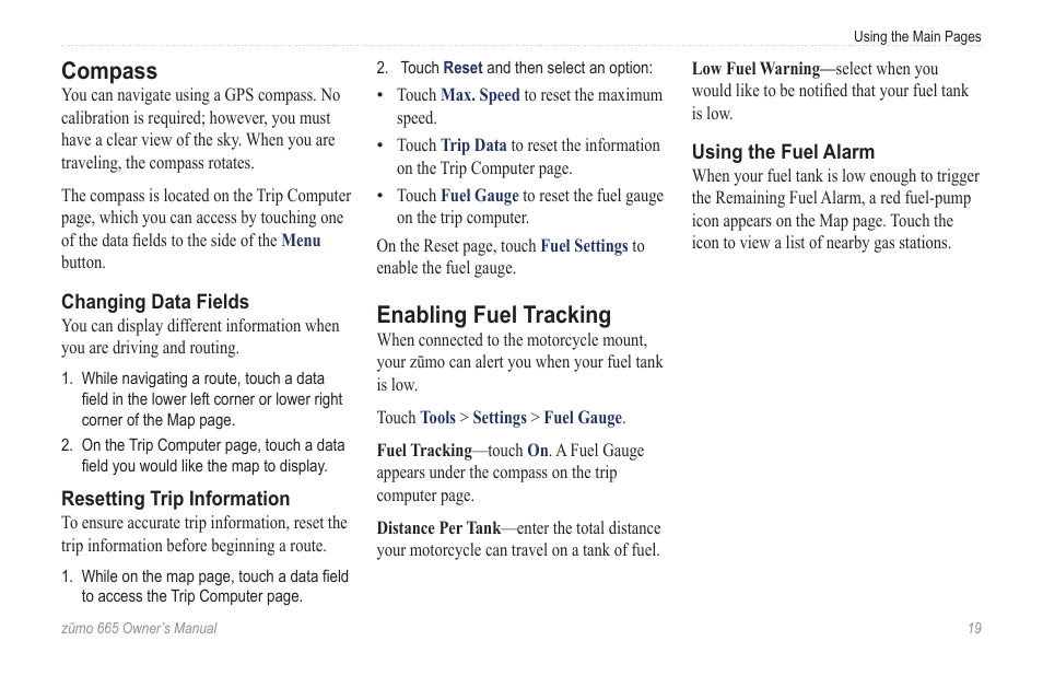 Compass, Enabling fuel tracking | Garmin zumo 665 User Manual | Page 21 / 56