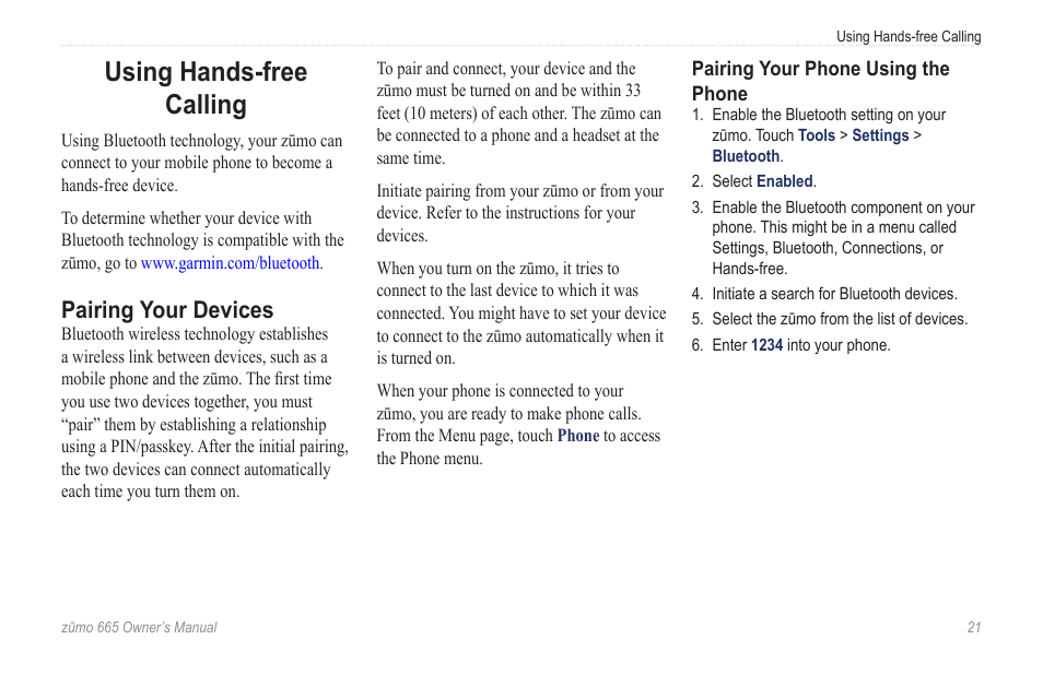 Using hands-free calling, Pairing your devices | Garmin zumo 665 User Manual | Page 23 / 56