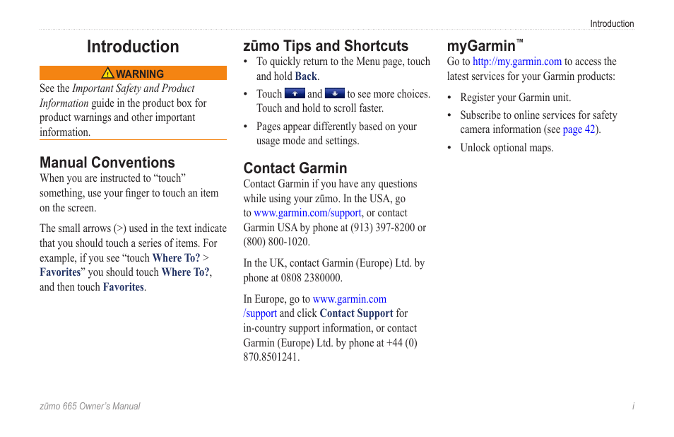 Introduction, Manual conventions, Zūmo tips and shortcuts | Contact garmin, Mygarmin | Garmin zumo 665 User Manual | Page 3 / 56