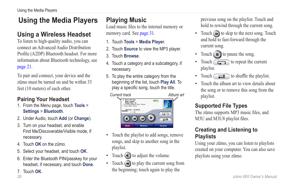 Using the media players, Using a wireless headset, Playing music | Garmin zumo 665 User Manual | Page 30 / 56