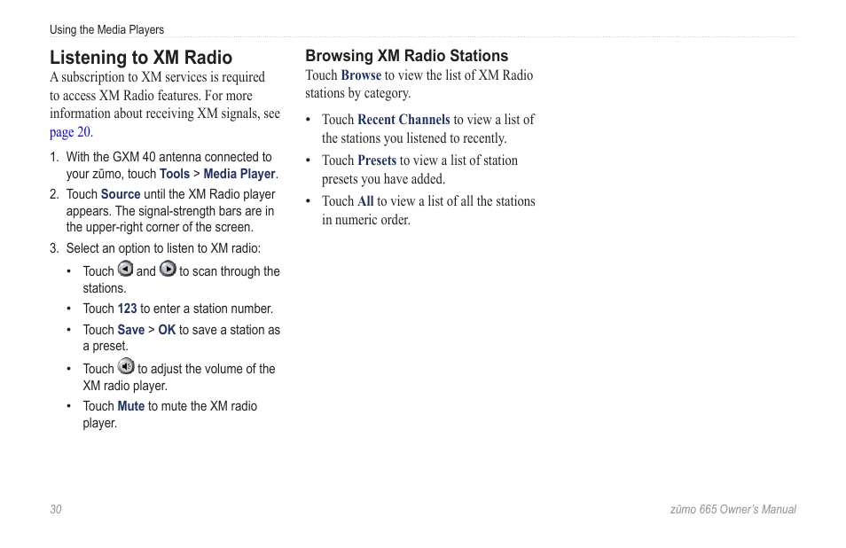 Listening to xm radio | Garmin zumo 665 User Manual | Page 32 / 56