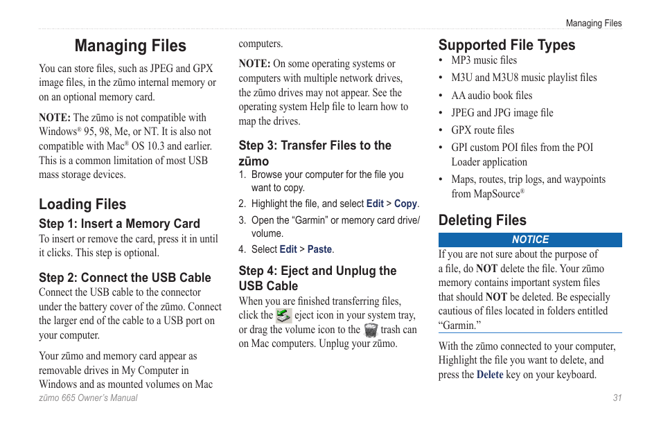 Managing files, Loading files, Supported file types | Deleting files | Garmin zumo 665 User Manual | Page 33 / 56