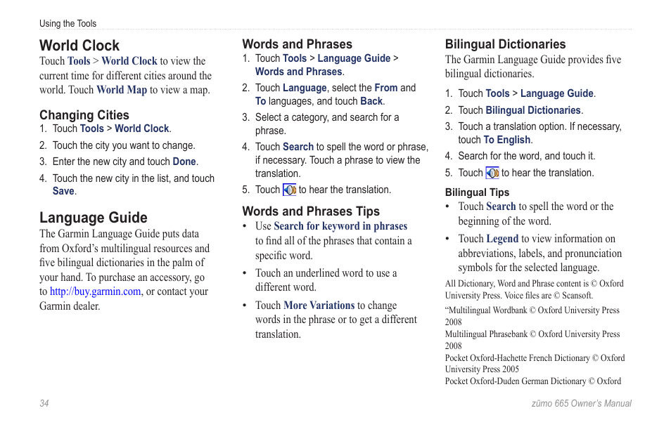 World clock, Language guide | Garmin zumo 665 User Manual | Page 36 / 56