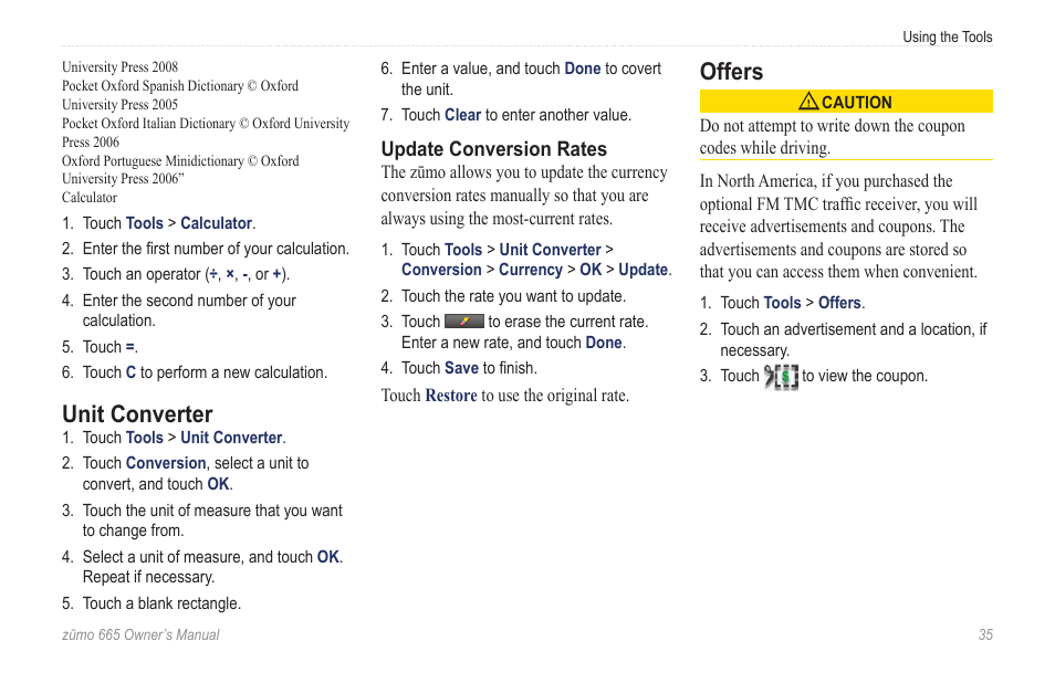 Unit converter, Offers | Garmin zumo 665 User Manual | Page 37 / 56