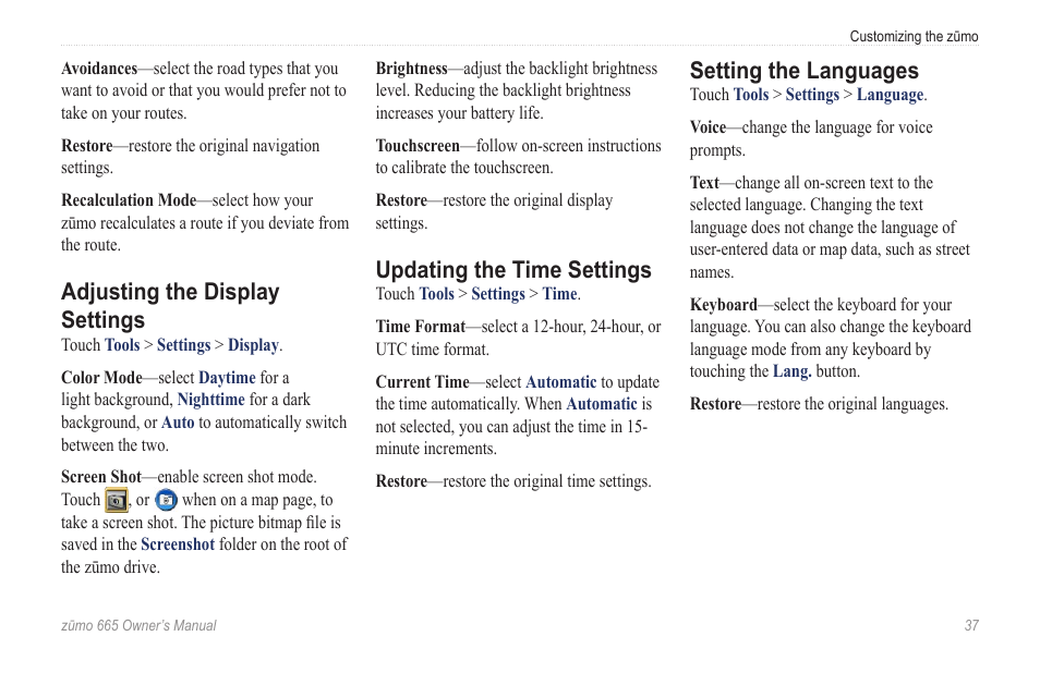 Adjusting the display settings, Updating the time settings, Setting the languages | Garmin zumo 665 User Manual | Page 39 / 56