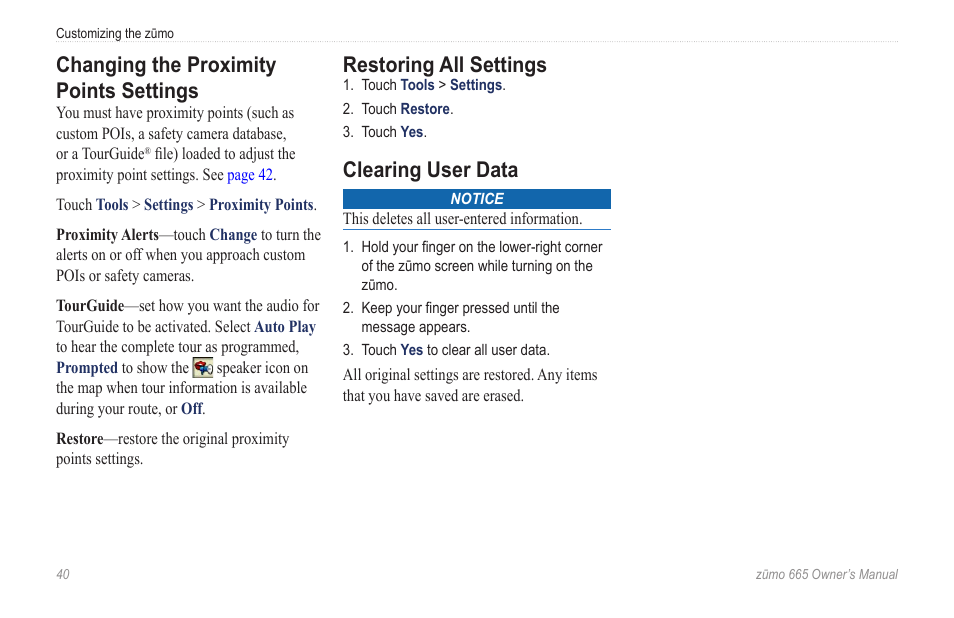 Changing the proximity points settings, Restoring all settings, Clearing user data | Garmin zumo 665 User Manual | Page 42 / 56