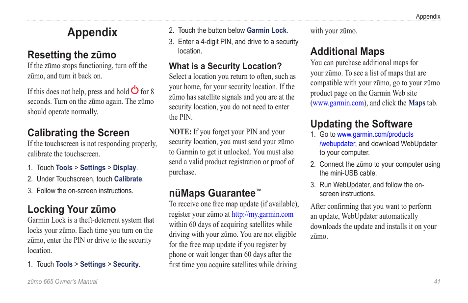 Appendix, Resetting the zūmo, Calibrating the screen | Locking your zūmo, Nümaps guarantee, Additional maps, Updating the software | Garmin zumo 665 User Manual | Page 43 / 56