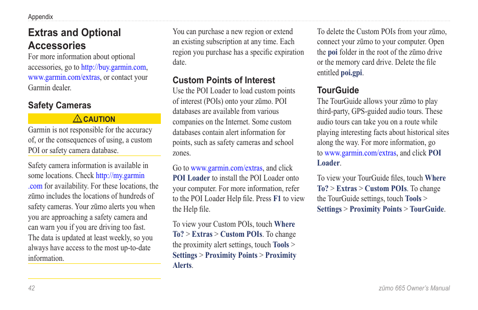 Extras and optional accessories, Guide, see | Garmin zumo 665 User Manual | Page 44 / 56