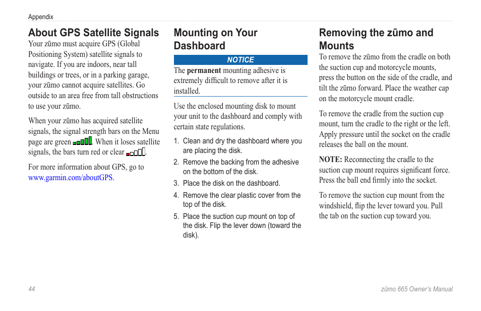 About gps satellite signals, Mounting on your dashboard, Removing the zūmo and mounts | Garmin zumo 665 User Manual | Page 46 / 56