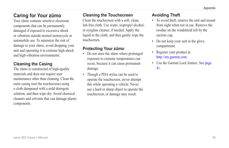 Caring for your zūmo | Garmin zumo 665 User Manual | Page 47 / 56