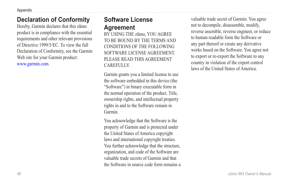 Declaration of conformity, Software license agreement | Garmin zumo 665 User Manual | Page 48 / 56