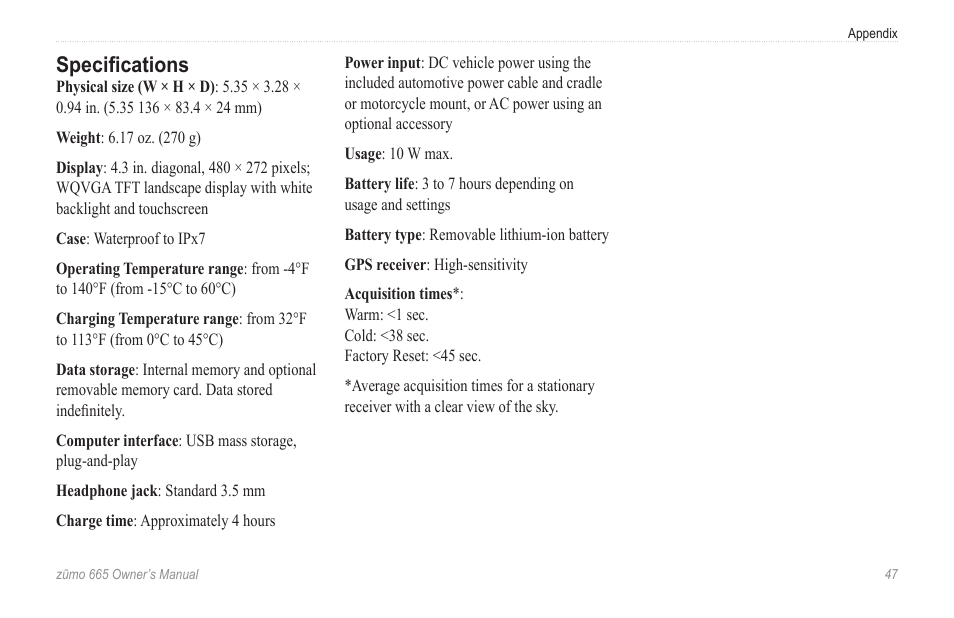 Specifications | Garmin zumo 665 User Manual | Page 49 / 56