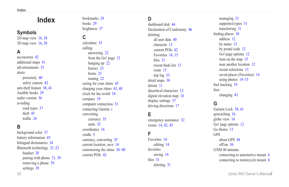 Index | Garmin zumo 665 User Manual | Page 52 / 56