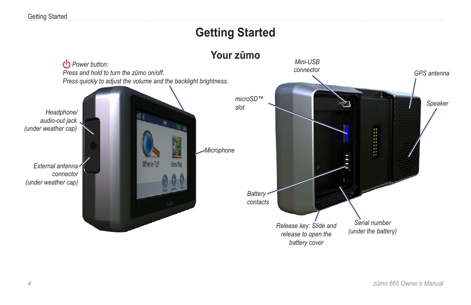 Getting started, Your zūmo | Garmin zumo 665 User Manual | Page 6 / 56