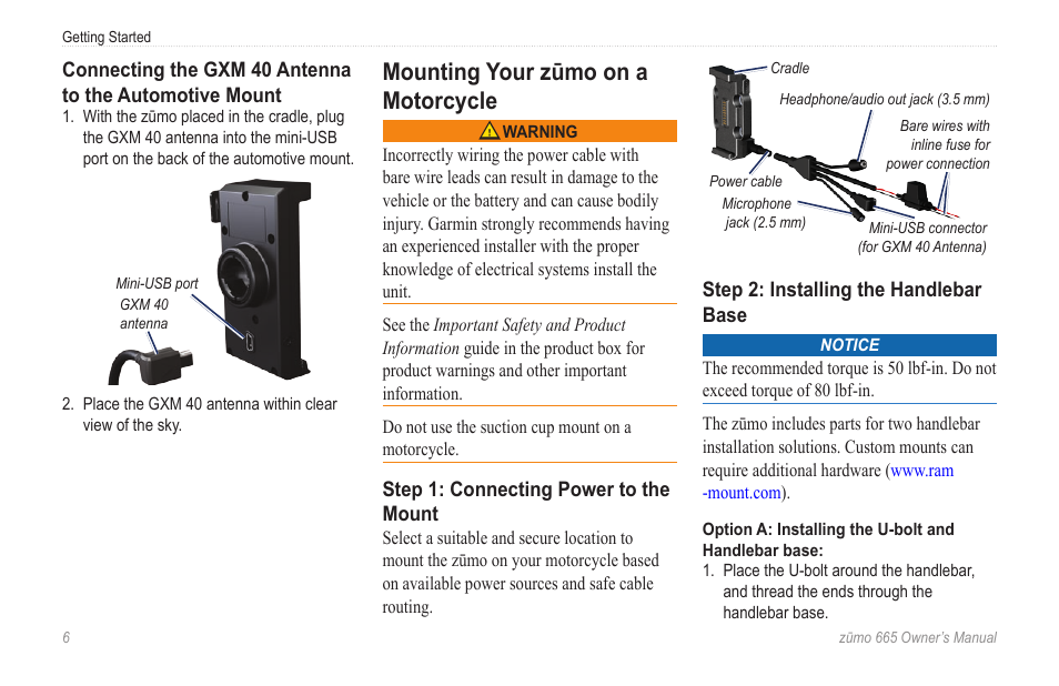 Mounting your zūmo on a motorcycle | Garmin zumo 665 User Manual | Page 8 / 56