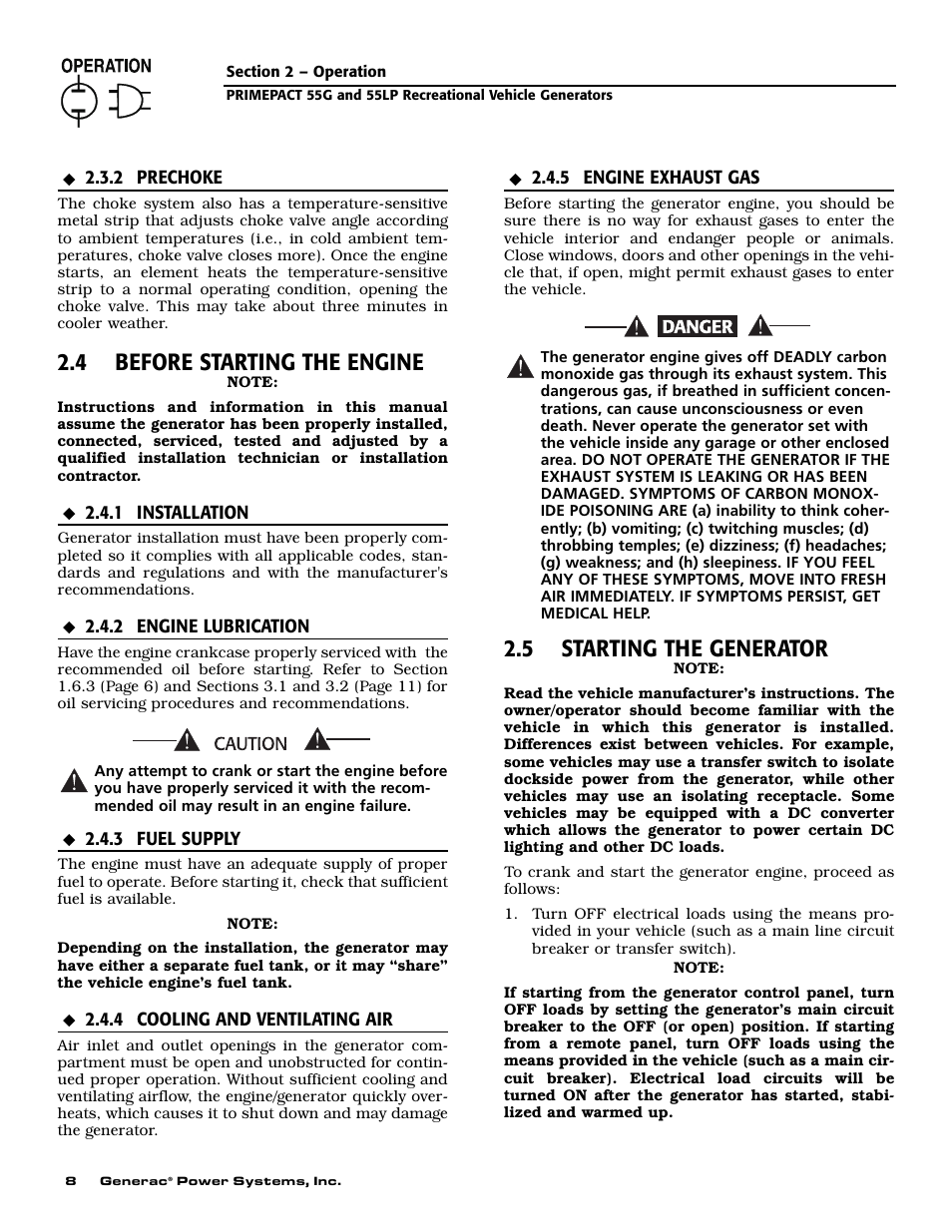 4 before starting the engine, 5 starting the generator | Generac Power Systems 009592-5 User Manual | Page 10 / 60