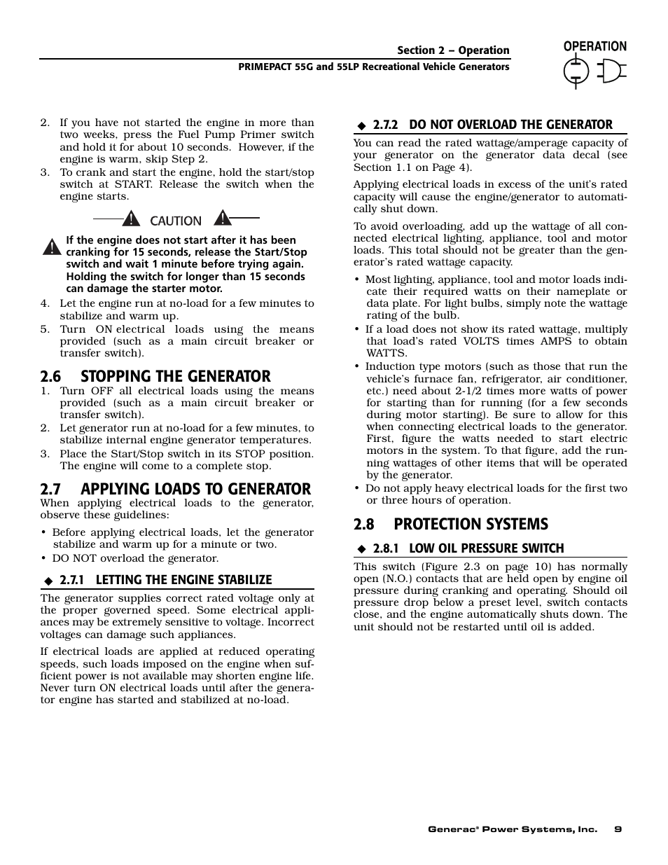 6 stopping the generator, 7 applying loads to generator, 8 protection systems | Generac Power Systems 009592-5 User Manual | Page 11 / 60