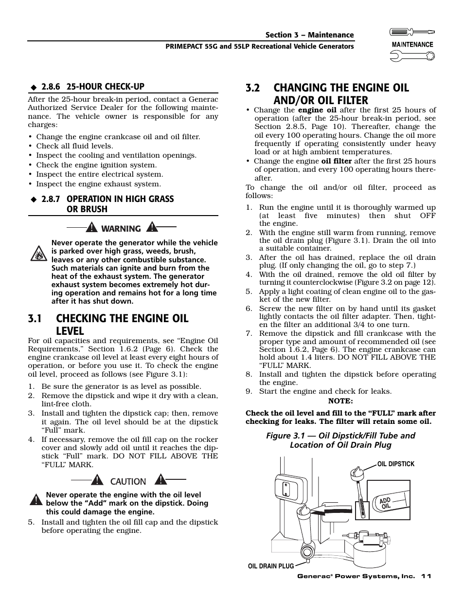 1 checking the engine oil level, 2 changing the engine oil and/or oil filter | Generac Power Systems 009592-5 User Manual | Page 13 / 60
