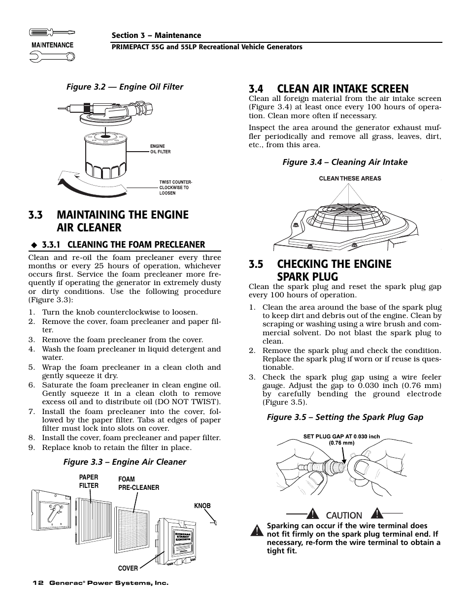 3 maintaining the engine air cleaner, 4 clean air intake screen, 5 checking the engine spark plug | Generac Power Systems 009592-5 User Manual | Page 14 / 60