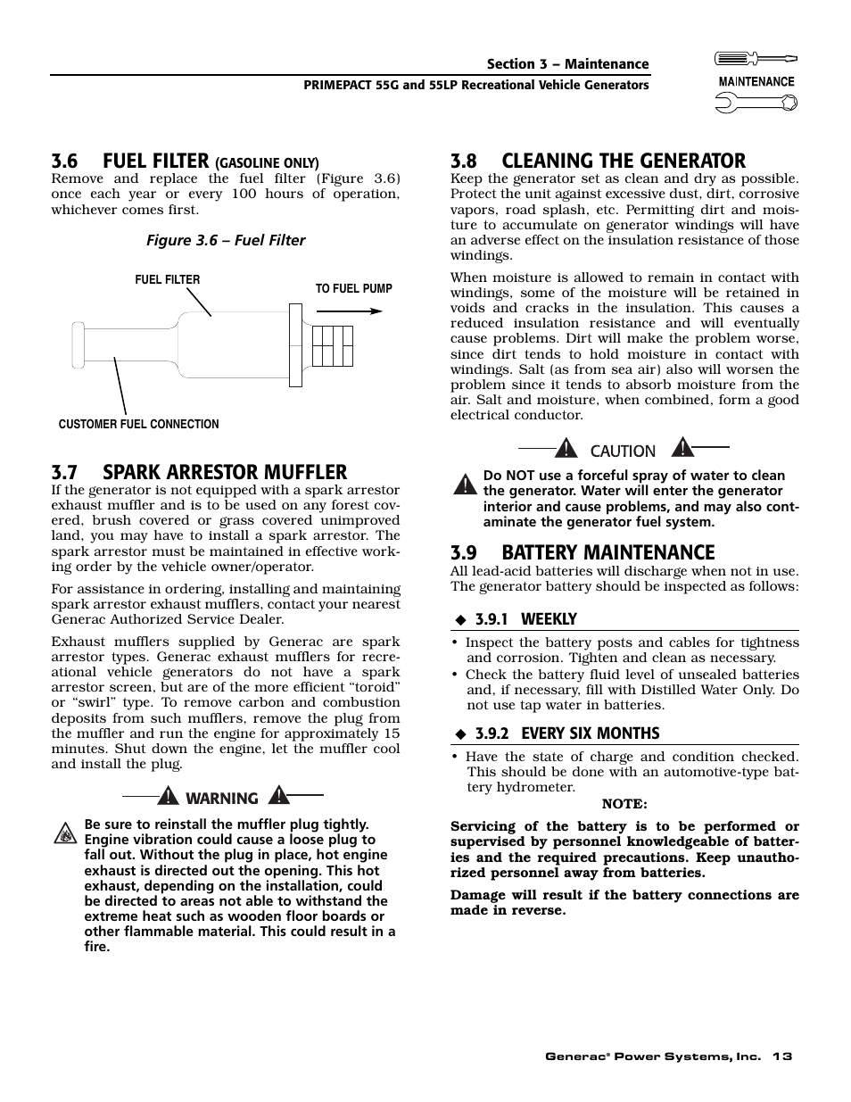 6 fuel filter, 7 spark arrestor muffler, 8 cleaning the generator | 9 battery maintenance | Generac Power Systems 009592-5 User Manual | Page 15 / 60