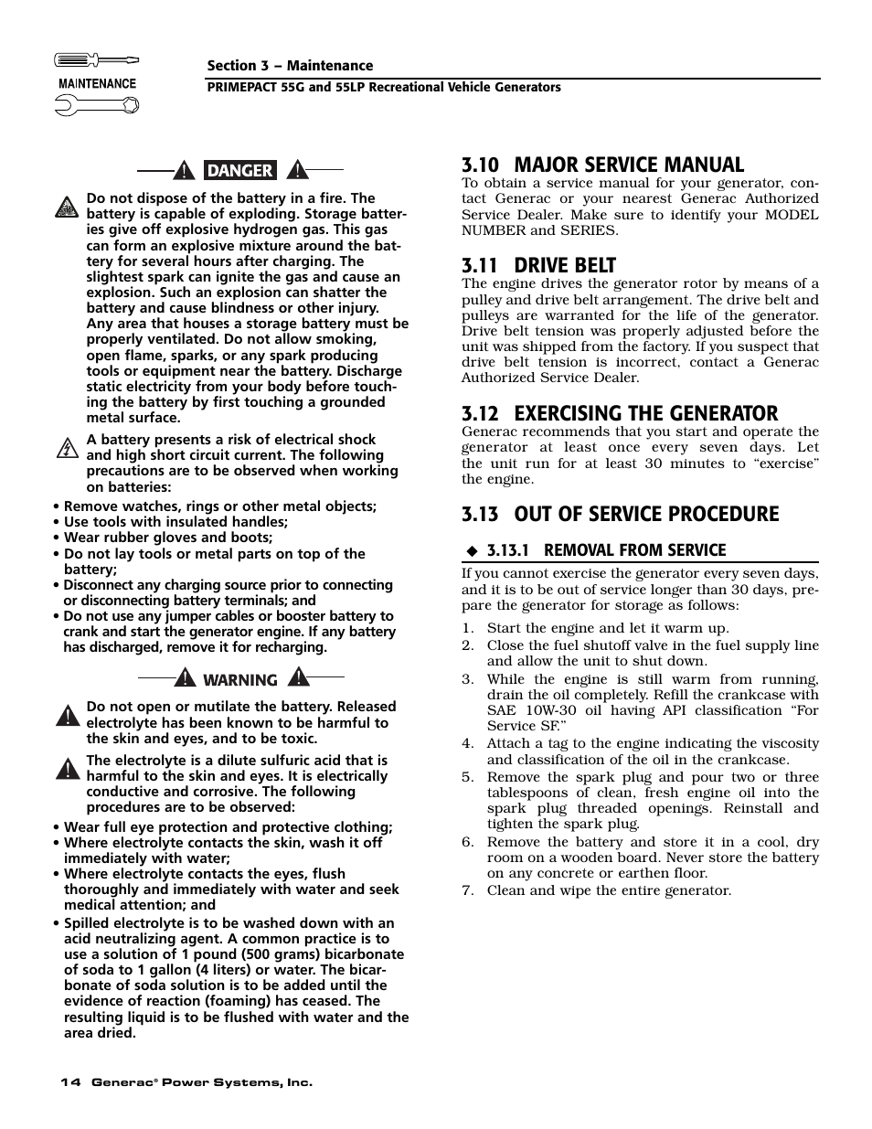 10 major service manual, 11 drive belt, 12 exercising the generator | 13 out of service procedure | Generac Power Systems 009592-5 User Manual | Page 16 / 60