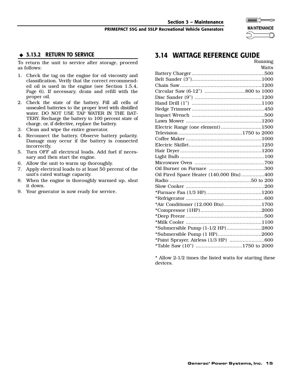 14 wattage reference guide | Generac Power Systems 009592-5 User Manual | Page 17 / 60