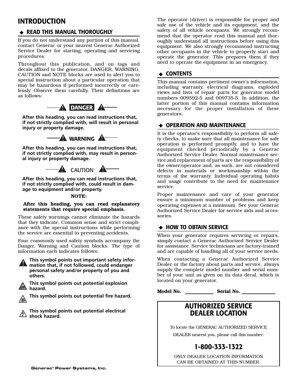 Introduction, Authorized service dealer location | Generac Power Systems 009592-5 User Manual | Page 2 / 60