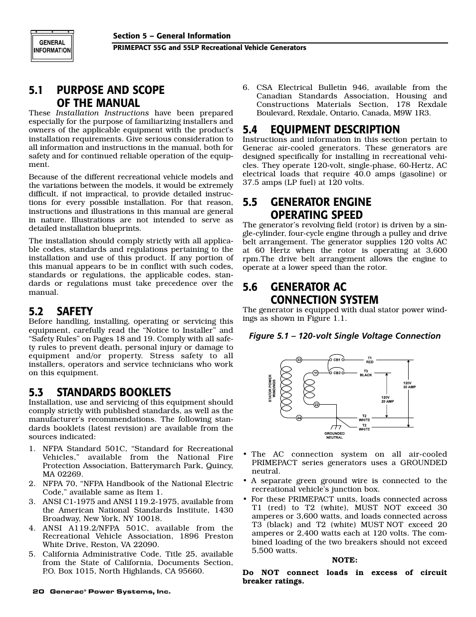 1 purpose and scope of the manual, 2 safety, 3 standards booklets | 4 equipment description, 5 generator engine operating speed, 6 generator ac connection system | Generac Power Systems 009592-5 User Manual | Page 22 / 60