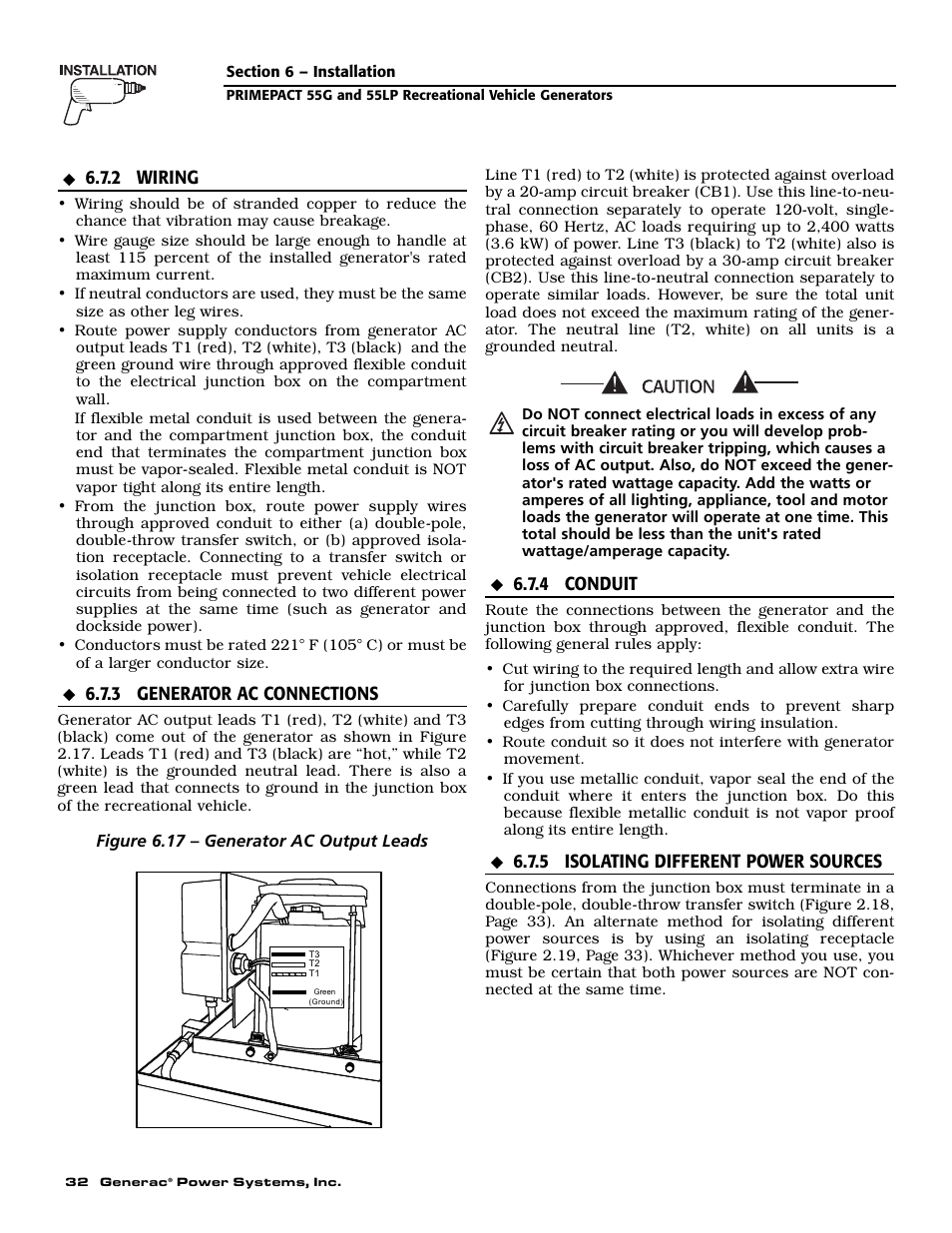2 wiring, 3 generator ac connections, 4 conduit | 5 isolating different power sources | Generac Power Systems 009592-5 User Manual | Page 34 / 60