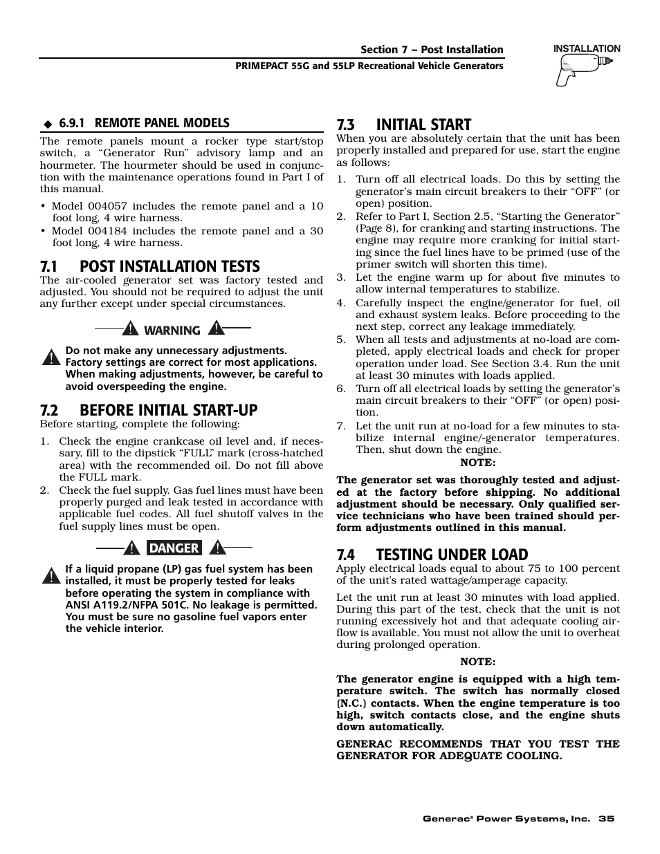 1 post installation tests, 2 before initial start-up, 3 initial start | 4 testing under load | Generac Power Systems 009592-5 User Manual | Page 37 / 60