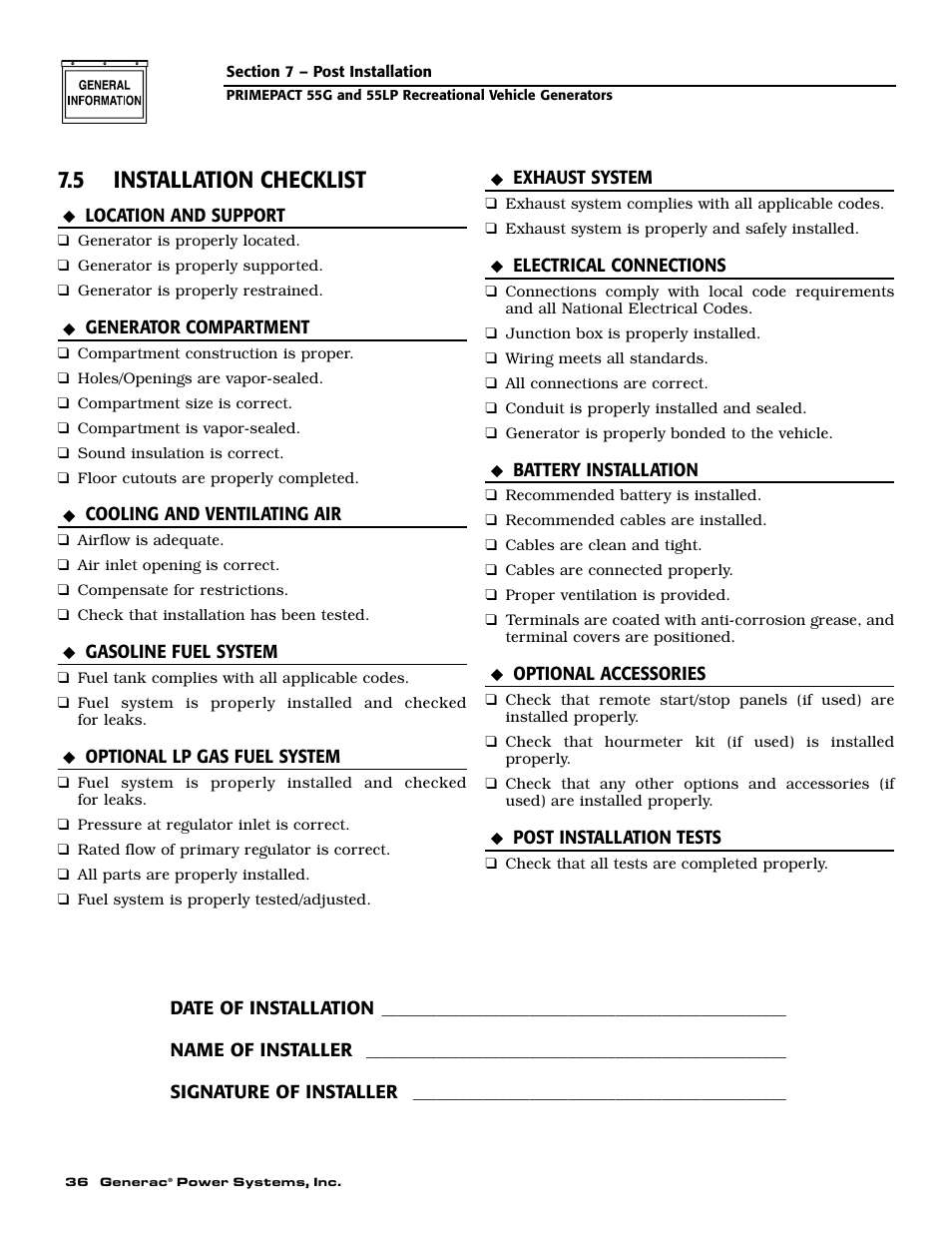 5 installation checklist | Generac Power Systems 009592-5 User Manual | Page 38 / 60