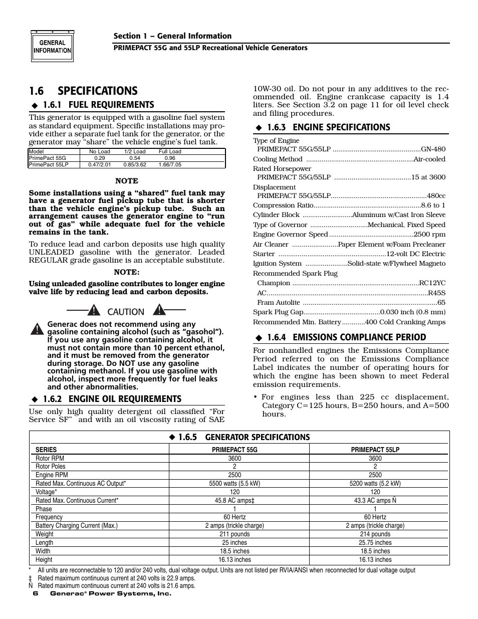 6 specifications, 1 fuel requirements, 2 engine oil requirements | 3 engine specifications, 4 emissions compliance period | Generac Power Systems 009592-5 User Manual | Page 8 / 60