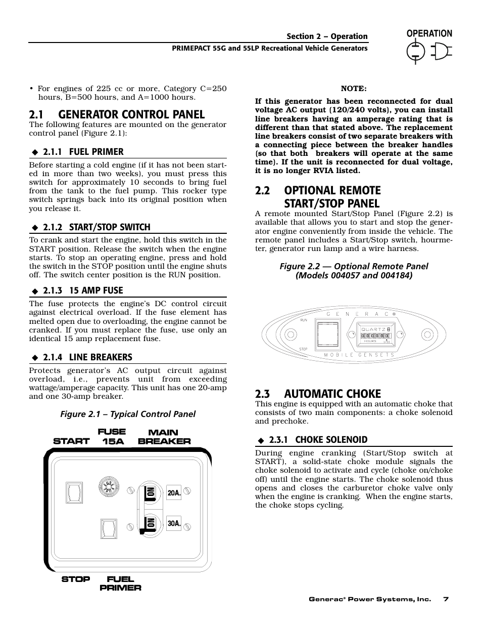 1 generator control panel, 2 optional remote start/stop panel, 3 automatic choke | Generac Power Systems 009592-5 User Manual | Page 9 / 60