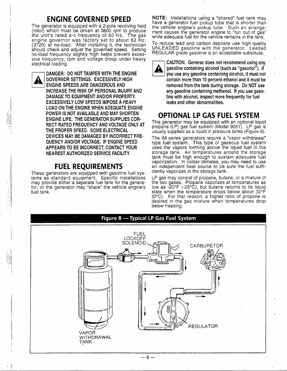 Engine governed speed, Fuel requirements, Optional lp gas fuel system | Generac Power Systems 0595-0 User Manual | Page 10 / 28