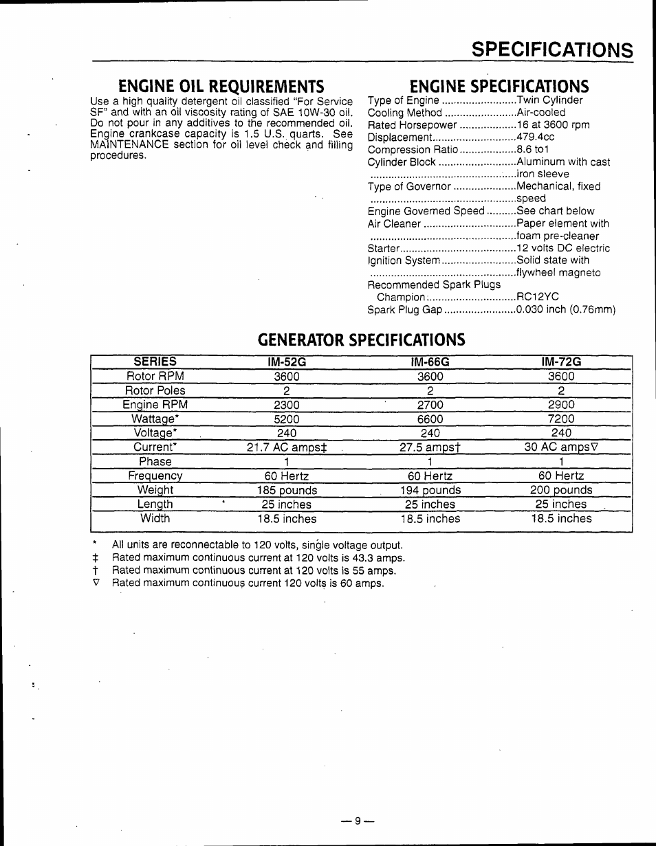 Engine oil requirements engine specifications, Generator specifications, Engine specifications | Specifications | Generac Power Systems 0595-0 User Manual | Page 11 / 28