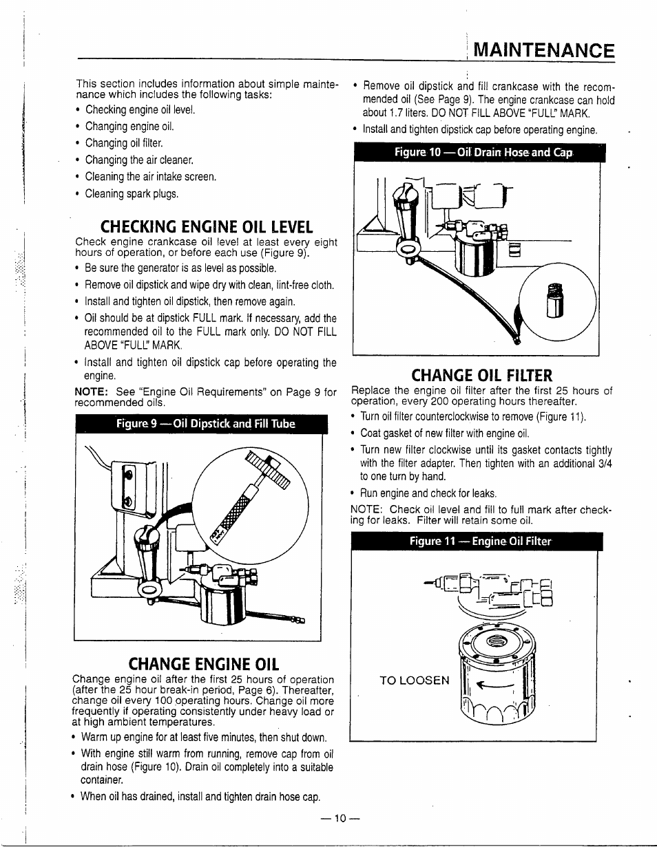 Checking engine oil level, Maintenance, Change engine oil | Change oil filter | Generac Power Systems 0595-0 User Manual | Page 12 / 28