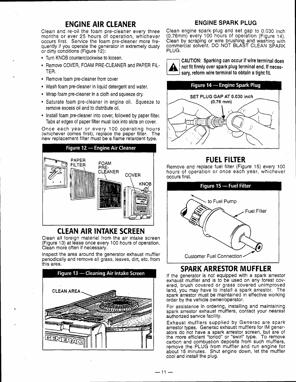 Engine air cleaner, Clean air intake screen, Spark arrestor muffler | Generac Power Systems 0595-0 User Manual | Page 13 / 28