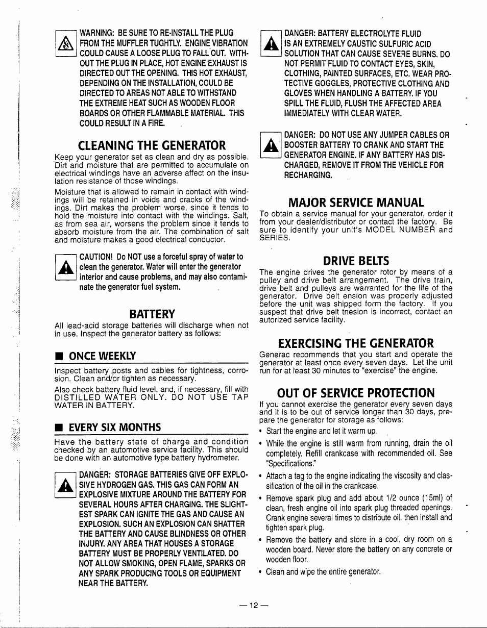 Cleaning the generator, Battery, Major service manual | Drive belts, Exercising the generator, Out of service protection, Cleaning the generator battery | Generac Power Systems 0595-0 User Manual | Page 14 / 28