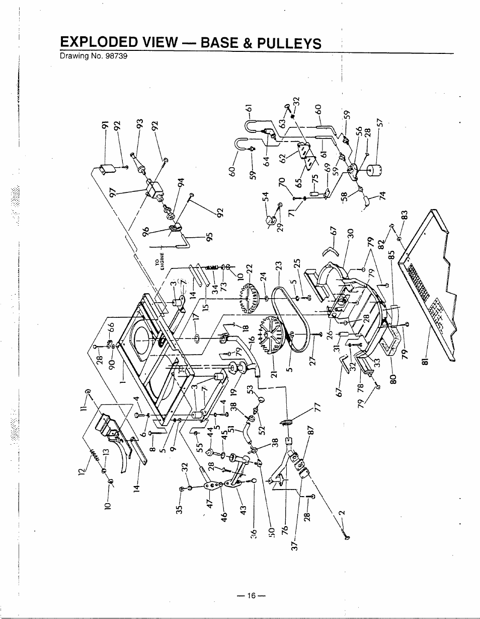 Exploded view — base & pulleys | Generac Power Systems 0595-0 User Manual | Page 18 / 28