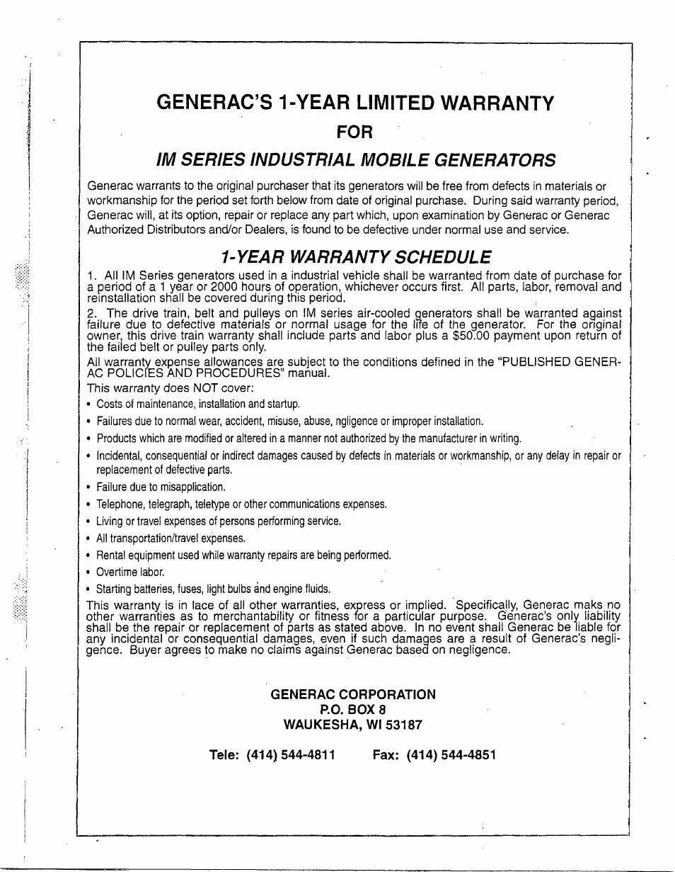 Generac’s 1-year limited warranty, Im series industrial mobile generators, 1’year warranty schedule | Generac Power Systems 0595-0 User Manual | Page 26 / 28
