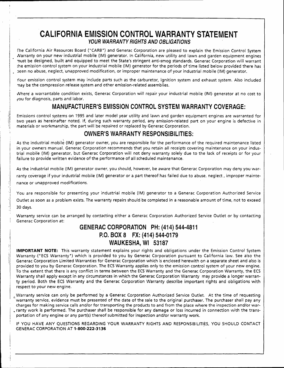 California emission control warranty statement | Generac Power Systems 0595-0 User Manual | Page 27 / 28