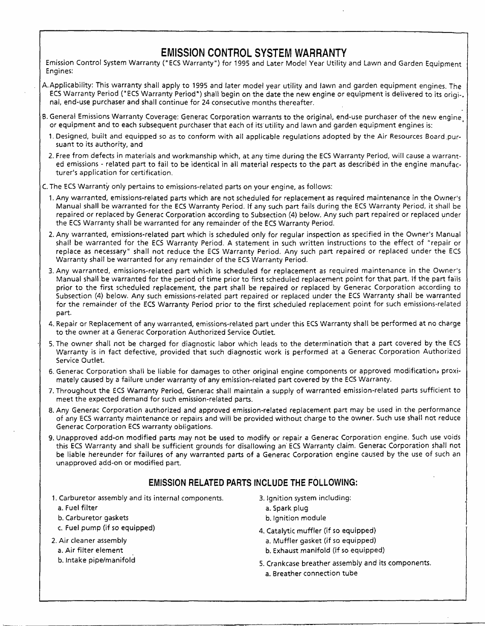 Emission related parts include the following | Generac Power Systems 0595-0 User Manual | Page 28 / 28