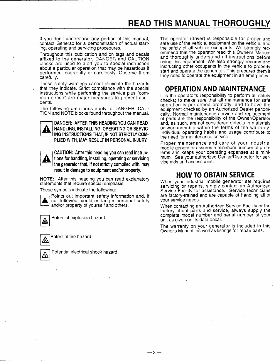 Read this manual thoroughly, Operation and maintenance, How to obtain service | Generac Power Systems 0595-0 User Manual | Page 5 / 28