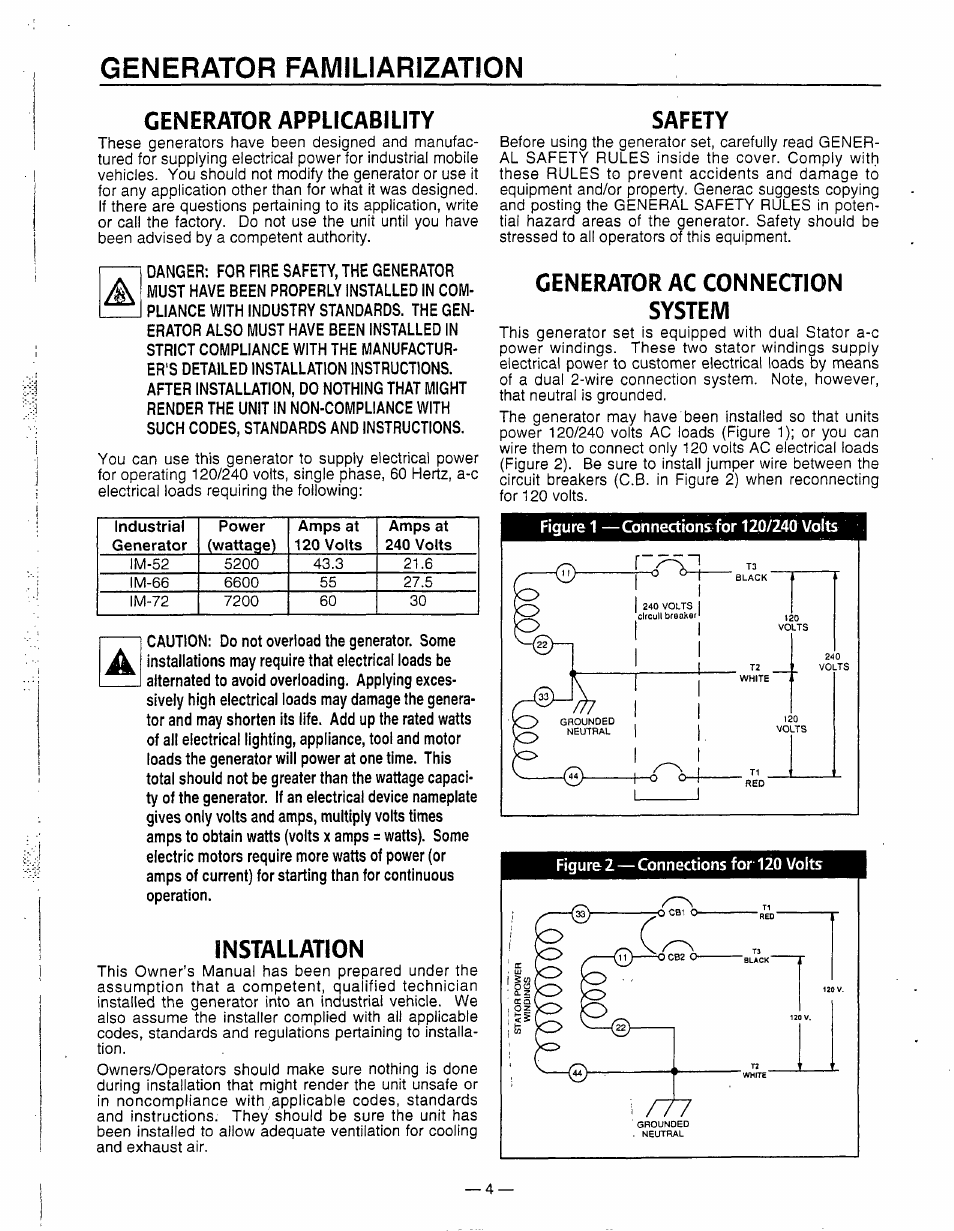 Generator familiarization, Generator applicability, Installation | Safety, Generator ac connection system, Safety generator ac connection system | Generac Power Systems 0595-0 User Manual | Page 6 / 28
