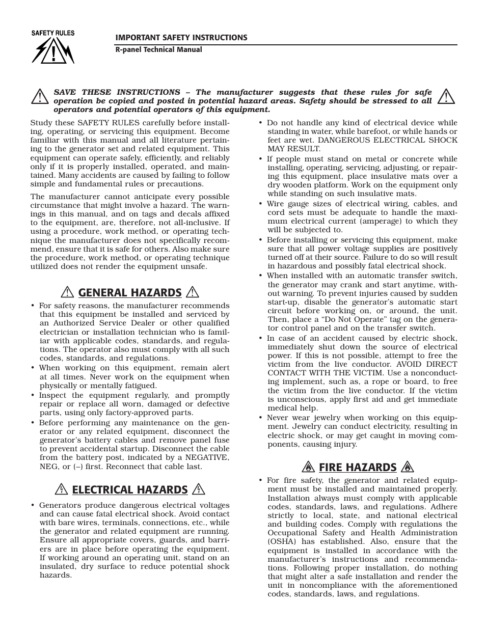 General hazards, Electrical hazards, Fire hazards | Generac Power Systems Digital Controller R-200A User Manual | Page 2 / 16