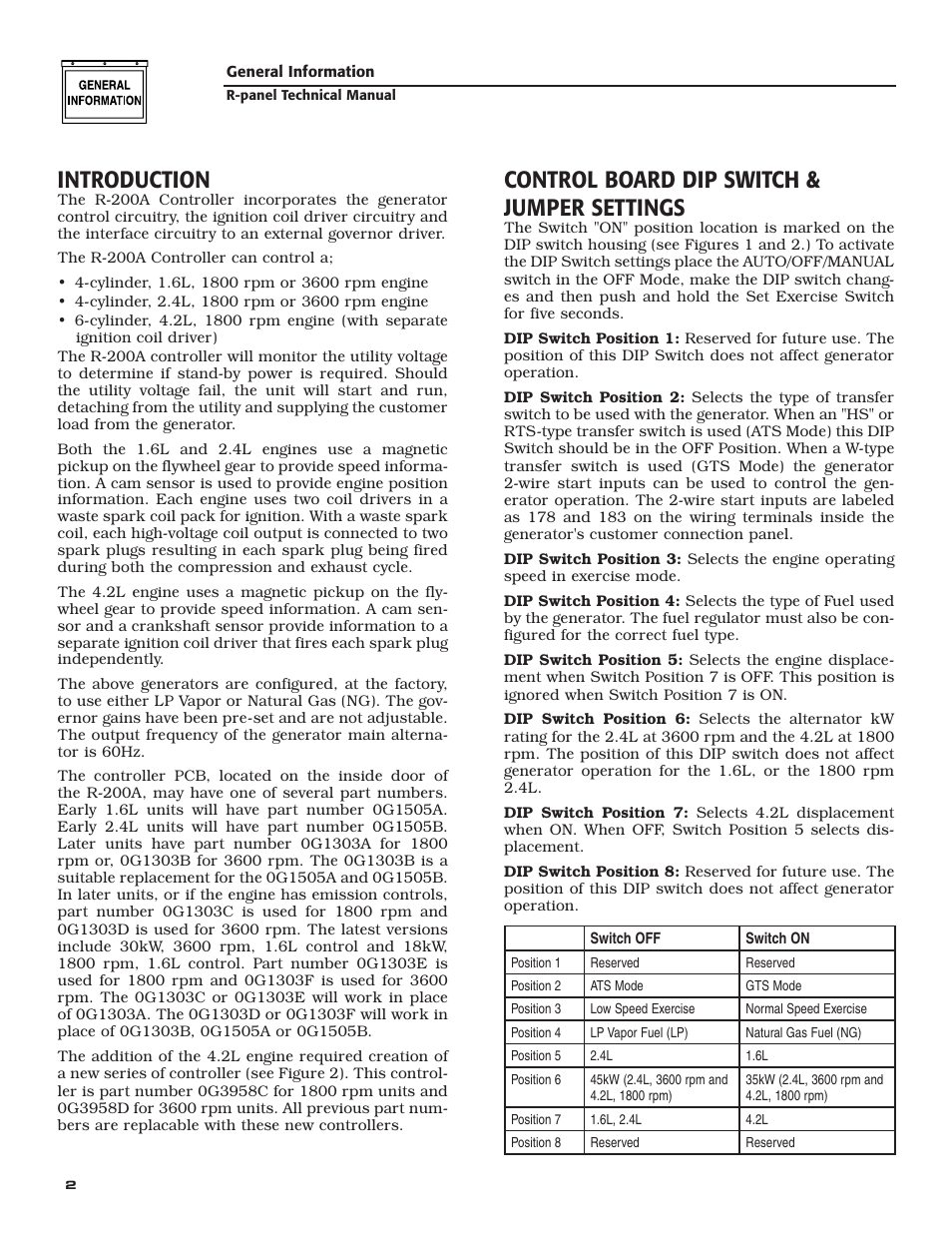 Introduction, Control board dip switch & jumper settings | Generac Power Systems Digital Controller R-200A User Manual | Page 4 / 16